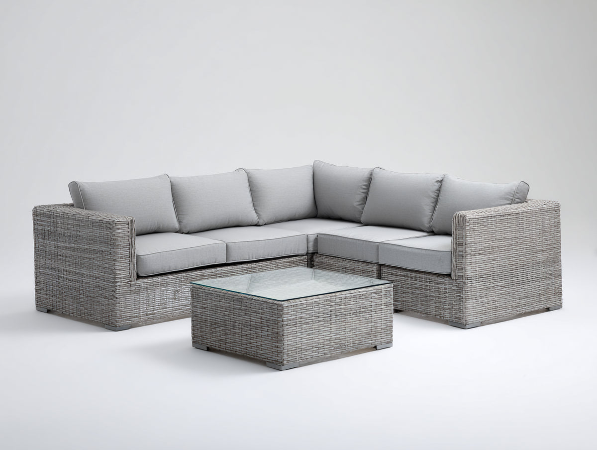Gartensofa aus Polyrattan in Hellgrau mit Eckdesign und quadratischem Tisch - Moderne Outdoor-Loungegruppe für Terrasse und Garten