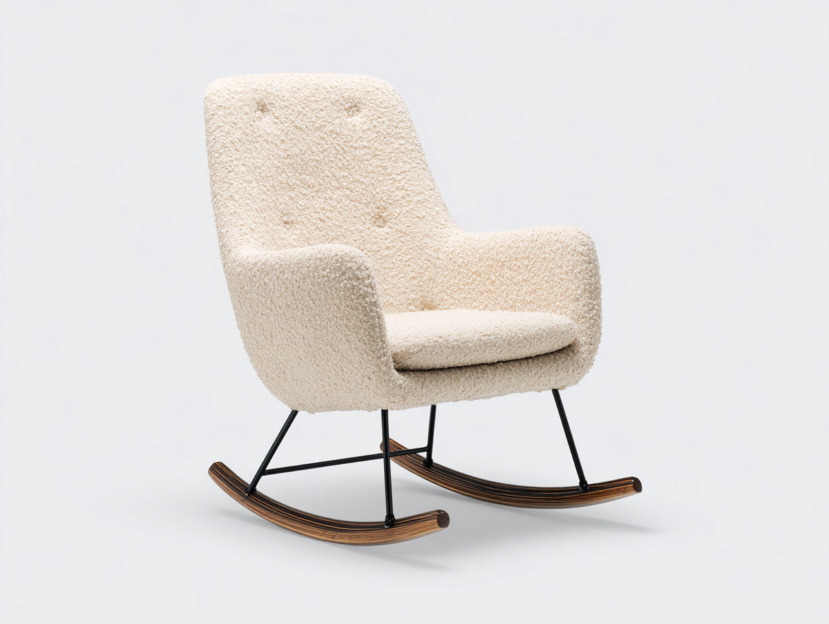 Schaukelstuhl 80x88x98 cm - Bouclé Sessel in Beige - Modernes Design mit Holz-Kufen und schwarzem Metallgestell für Wohnzimmer
