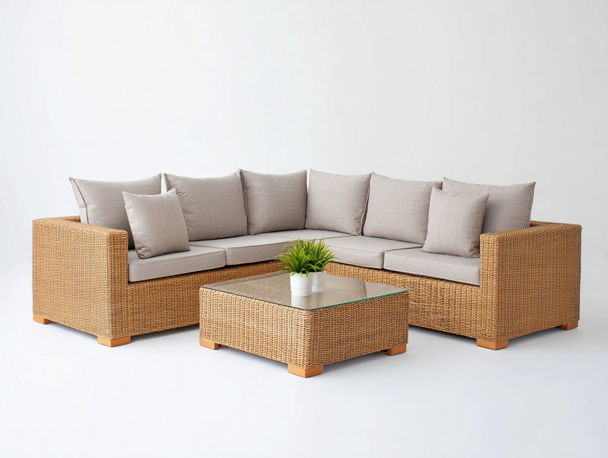 Gartensofa 300x300x75 cm aus Polyrattan in Naturbraun mit quadratischem Tisch - Großzügige Lounge-Sitzgruppe für den Außenbereich