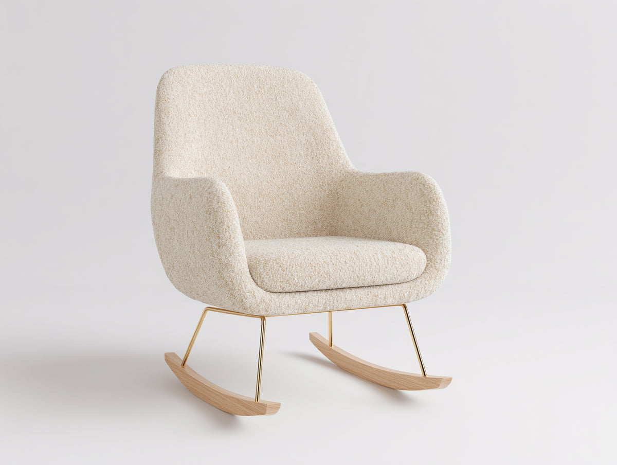 Schaukelstuhl 85x90x100 cm aus Bouclé-Stoff in Cremeweiß mit geschwungener Rückenlehne und Holzschaukeln - Moderner Relaxsessel