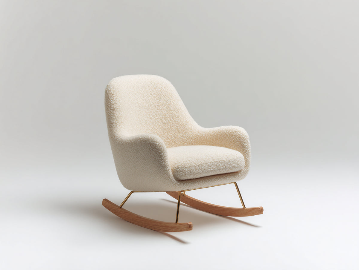 Schaukelstuhl 82x90x96 cm - Bouclé Sessel in Beige - Skandinavisches Design mit Holz-Kufen und Metallgestell für Wohnzimmer