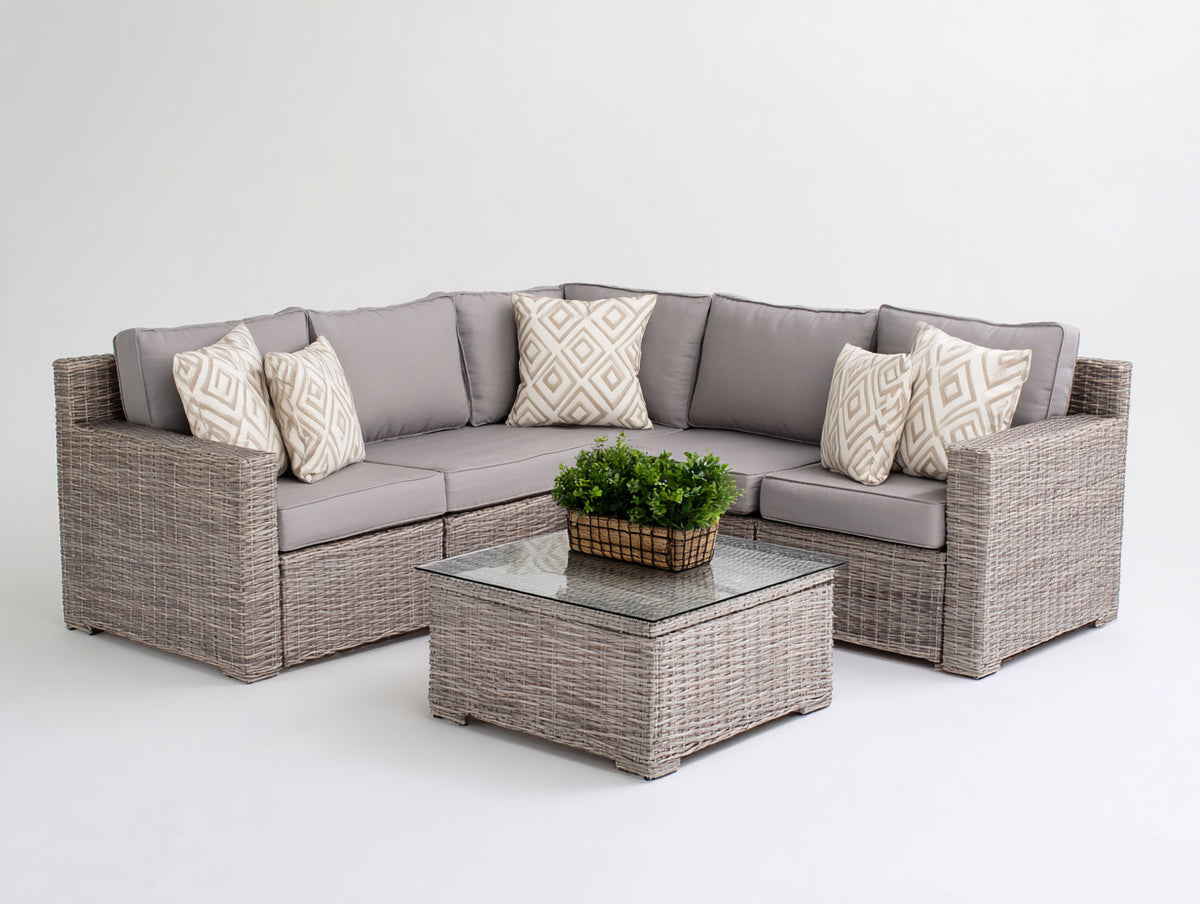 Gartensofa 260x260x76 cm - Polyrattan Lounge Set in Grau und Beige - Moderne Ecklounge mit Glas Couchtisch für Garten Terrasse und Außenbereich