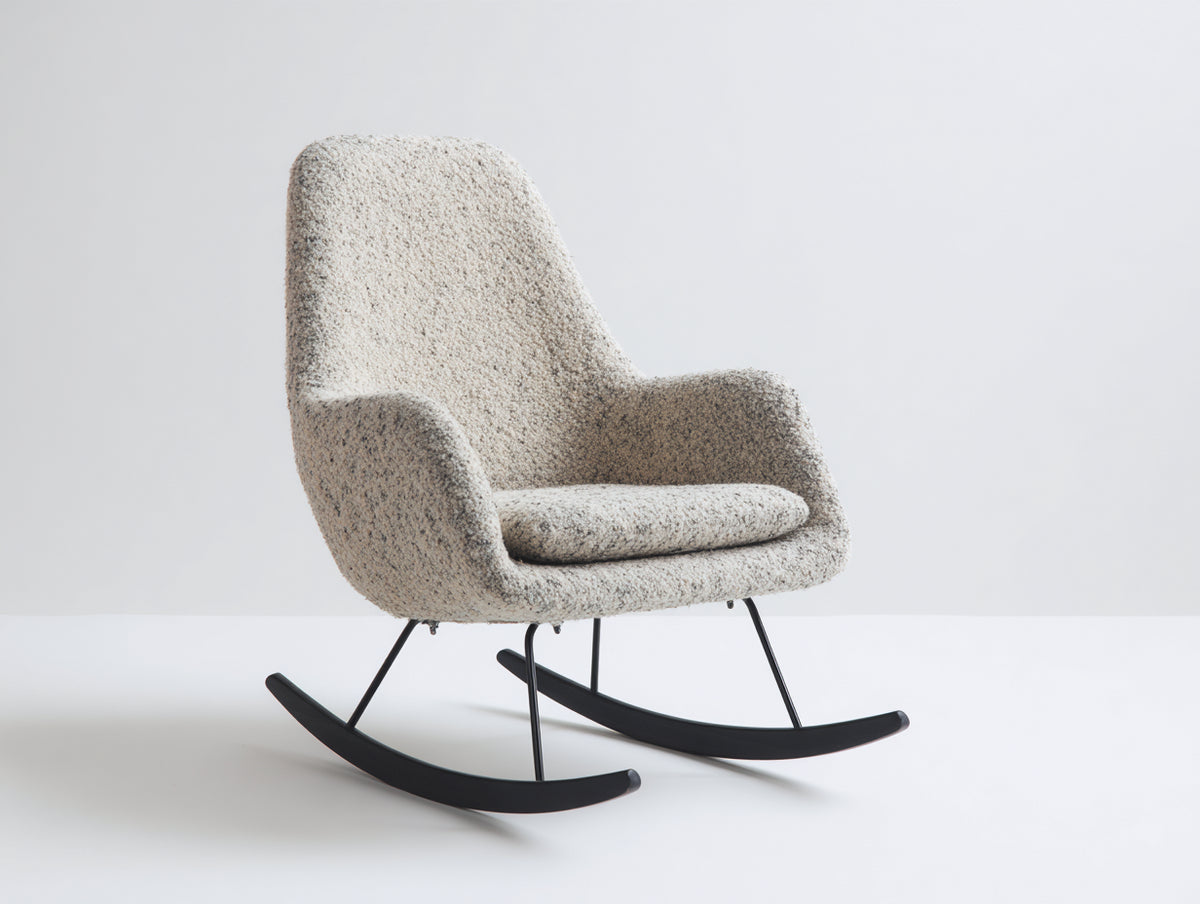 Schaukelstuhl 82x90x96 cm - Bouclé Sessel in Hellgrau - Modernes Design mit schwarzen Kufen und Metallgestell für Wohnzimmer