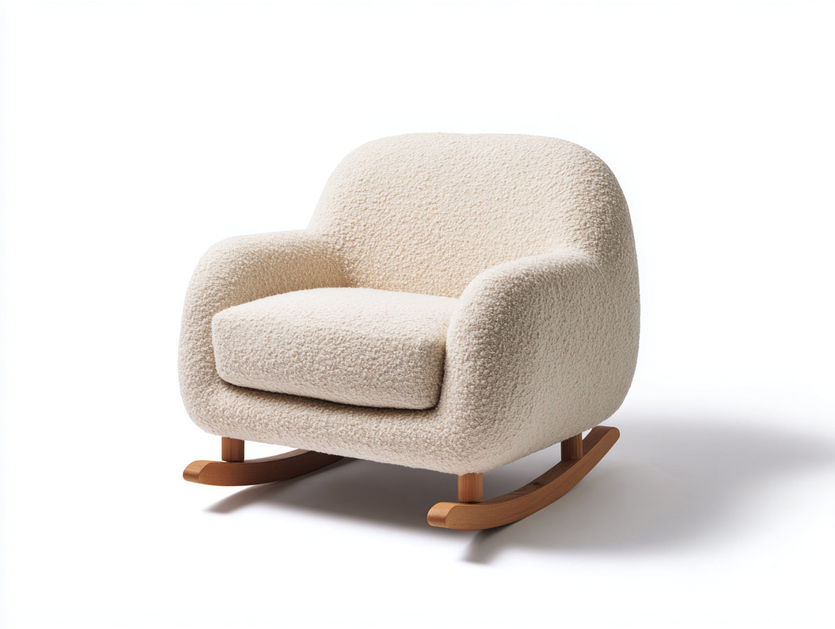 Schaukelstuhl 80x85x90 cm - Bouclé Sessel in Cremeweiß - Modernes Design mit Holz-Kufen für Wohnzimmer und Ruhebereich