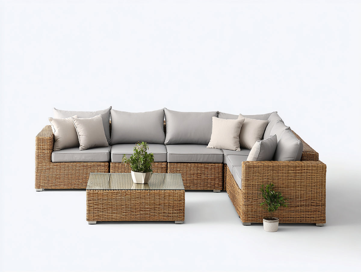 Gartensofa 260x260x76 cm - Polyrattan Lounge Set in Braun und Hellgrau - Moderne Ecksofa Garnitur mit Couchtisch für Garten Terrasse und Außenbereich